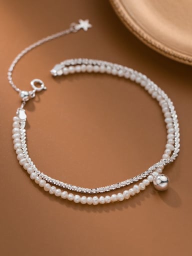 925 Sterling Silver Imitation Pearl Geometric Minimalist Beaded Bracelet