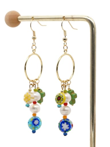 ZZ E200056D Stainless steel Freshwater Pearl Multi Color Glass beads Ethnic Long   Hook Earring
