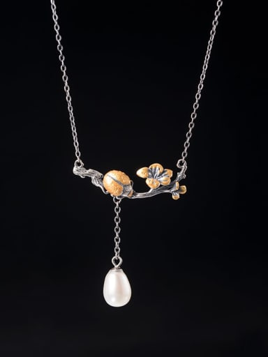 925 Sterling Silver Imitation Pearl Ladybird  Flower Vintage Tassel Necklace