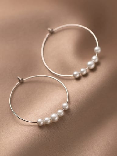 925 Sterling Silver Imitation Pearl Geometric Minimalist Hoop Earring