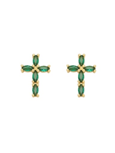 green Brass Cubic Zirconia Cross Minimalist Stud Earring