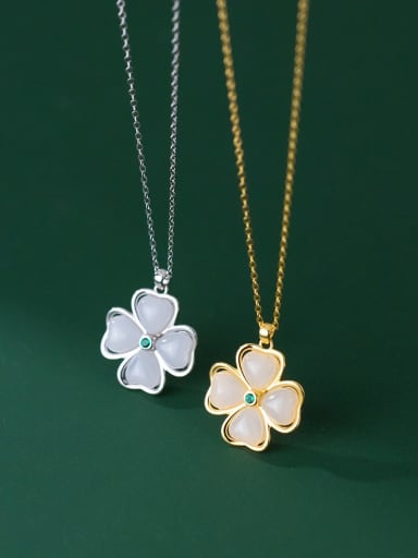 925 Sterling Silver Cats Eye Clover Minimalist Necklace