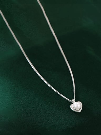 NS1099 ? Platinum ? 925 Sterling Silver Imitation Pearl Heart Minimalist Necklace