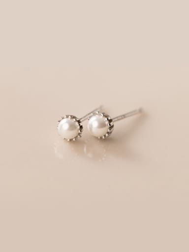 White Shell Pearl+ Silver 925 Sterling Silver Imitation Pearl Round Minimalist Stud Earring