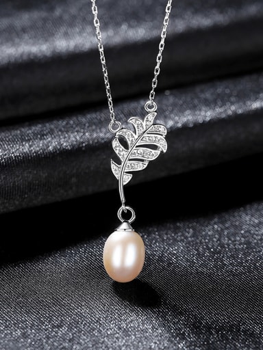 White 7A04 925 Sterling Silver Freshwater Pearl Leaf Luxury Necklace