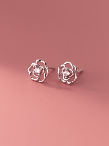 925 Sterling Silver Rhinestone Flower Minimalist Stud Earring