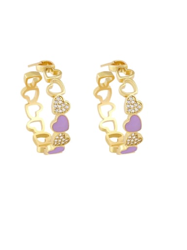 purple Brass Cubic Zirconia Enamel Heart Minimalist Huggie Earring