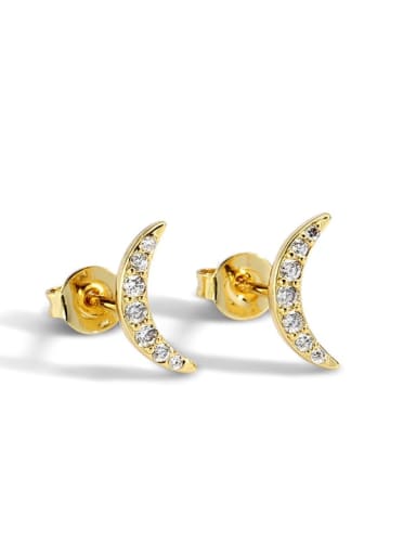 Golden Crescent Earrings Brass Cubic Zirconia Moon Minimalist Stud Earring