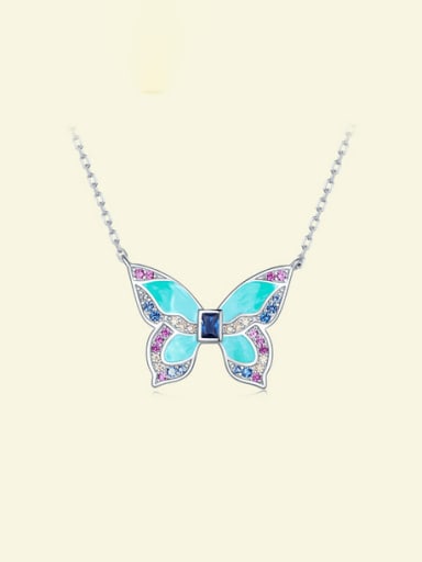 925 Sterling Silver Cubic Zirconia Enamel Butterfly Classic Necklace