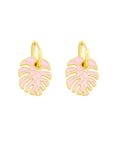 Pink Brass Enamel Tree  Leaf  Vintage Huggie Earring