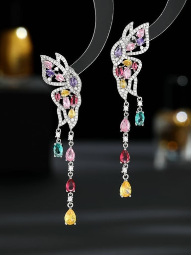 platinum colored Brass Cubic Zirconia Butterfly Tassel Luxury Cluster Earring