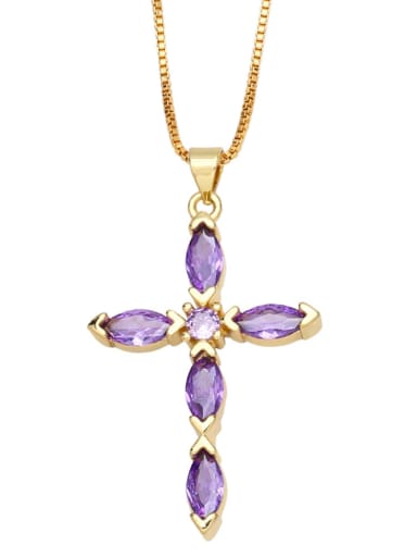 purple Brass Cubic Zirconia Cross Vintage Regligious Necklace