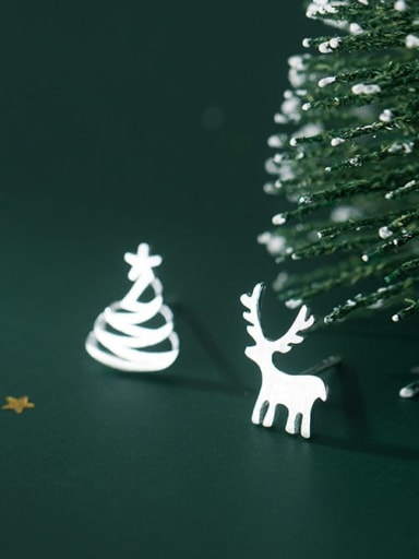 925 Sterling Silver Irregular Minimalist Asymmetric Christmas Tree Fawn  Stud Earring