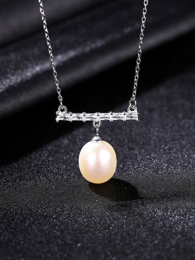 White 8D04 925 Sterling Silver Freshwater Pearl Geometric Dainty Necklace