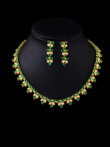 green Brass Cubic Zirconia Luxury Leaf  Earring and Necklace Set