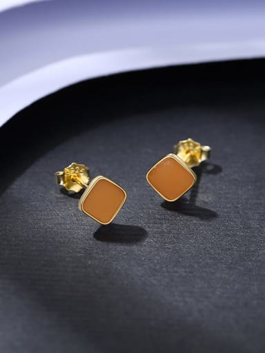 Orange 14K Gold 925 Sterling Silver Enamel Square Minimalist Stud Earring