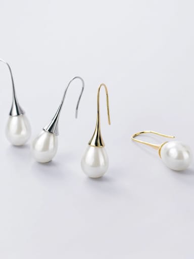 925 Sterling Silver Imitation Pearl Water Drop Minimalist Hook Earring