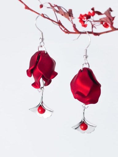 925 Sterling Silver Red Enamel Flower Trend Hook Earring