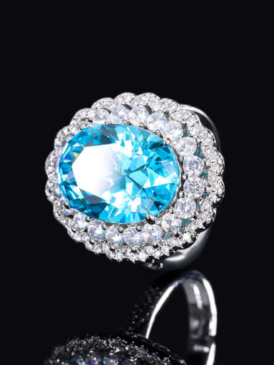 Sea Blue Treasure Ring Brass Cubic Zirconia Oval Luxury Cocktail Ring