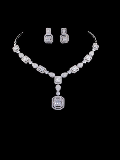 Platinum set Brass Cubic Zirconia  Luxury Geometric Earring and Necklace Set