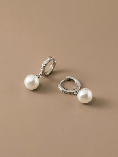 Silver 925 Sterling Silver Imitation Pearl Geometric Minimalist Huggie Earring