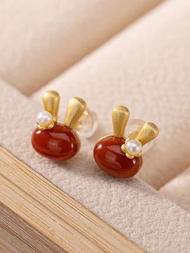 South Red Gold Plated 925 Sterling Silver Carnelian Irregular Vintage  rabbit Stud Earring