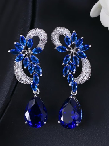 Earpin blue Brass Cubic Zirconia Flower Luxury Drop Earring