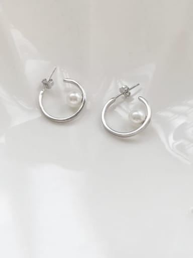925 Sterling Silver Imitation Pearl Round Minimalist Hoop Earring