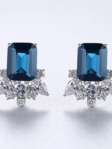 925 Sterling Silver Cubic Zirconia Blue Square Dainty Stud Earring