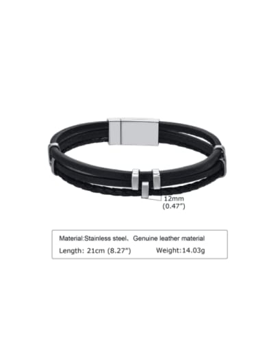 Black skin Stainless steel Artificial Leather Geometric Hip Hop Wristband Bracelet