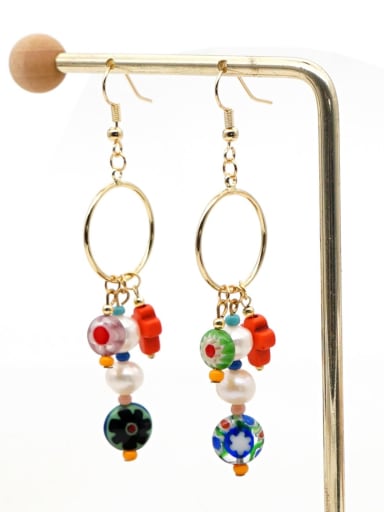 ZZ E200056C Stainless steel Freshwater Pearl Multi Color Glass beads Ethnic Long   Hook Earring