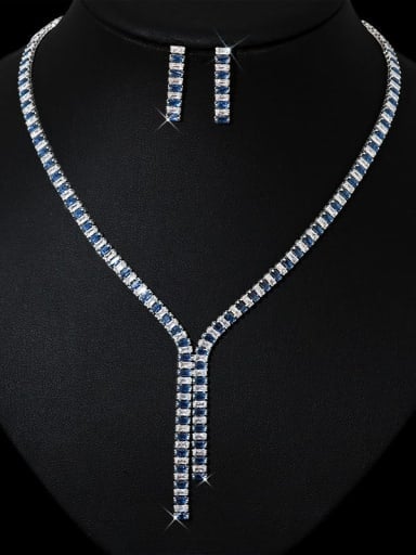 Platinum + blue Brass Cubic Zirconia Luxury Tassel Earring and Necklace Set