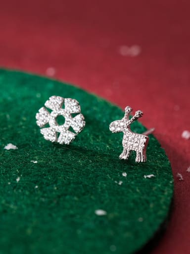 925 Sterling Silver Cubic Zirconia Asymmetrical Flower Cute  Christmas  Stud Earring