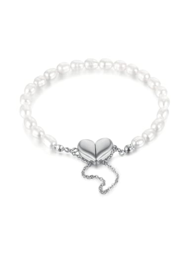 1320 steel bracelet steel color Stainless steel Imitation Pearl Heart Minimalist Beaded Bracelet