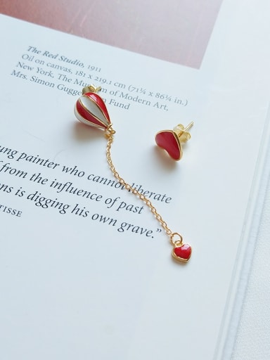 925 Sterling Silver Red Enamel Love Balloon  Heart Minimalist Threader Earring