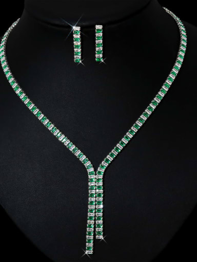 Platinum +green Brass Cubic Zirconia Luxury Tassel Earring and Necklace Set