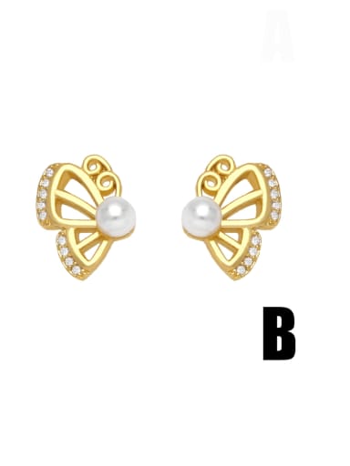 B Brass Imitation Pearl Butterfly Heart Cute Stud Earring