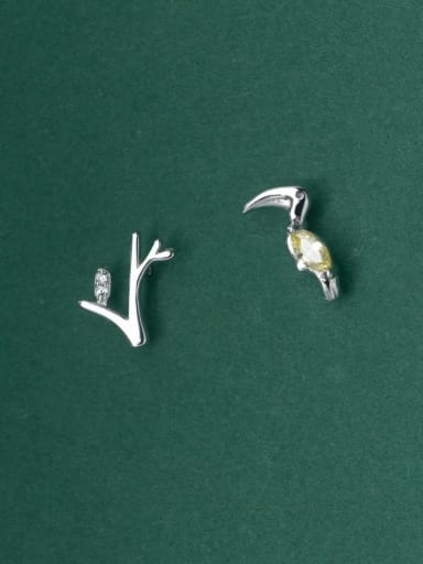925 Sterling Silver Cubic Zirconia Cute Asymmetrical Branch Bird Stud Earring