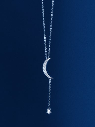 925 Sterling Silver Cubic Zirconia Moon Tassel Minimalist Lariat Necklace