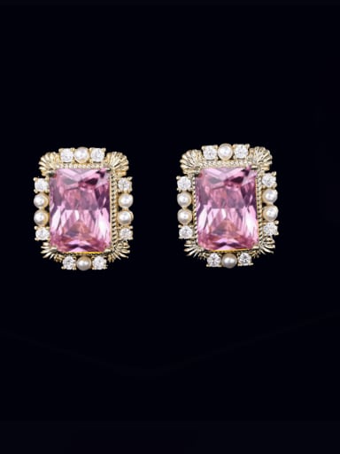 Pink Brass Cubic Zirconia Geometric Luxury Stud Earring