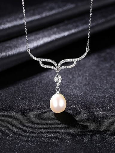 White 8B07 925 Sterling Silver Freshwater Pearl Flower Minimalist Necklace