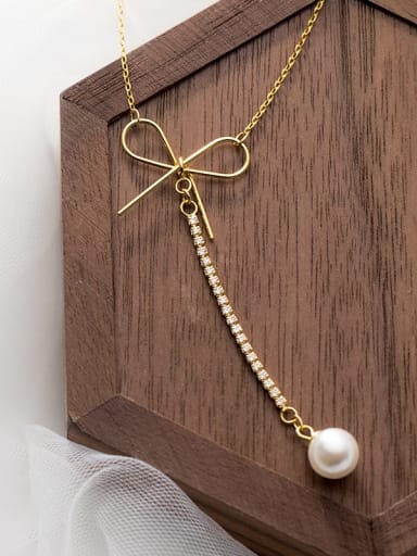 925 Sterling Silver Imitation Pearl Bowknot Minimalist Lariat Necklace