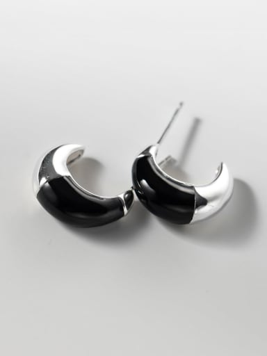 925 Sterling Silver Enamel Moon C Shape Vintage Stud Earring