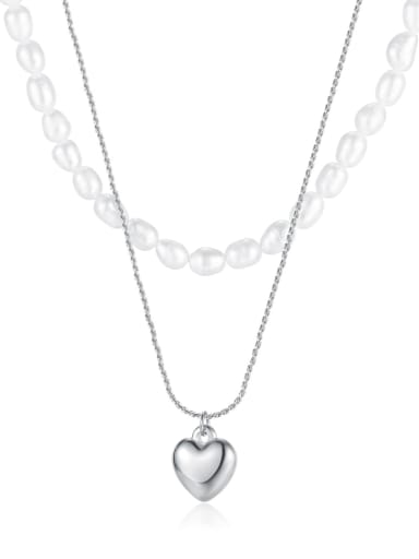 2106 Steel Necklace Titanium Steel Imitation Pearl Heart Minimalist Multi Strand Necklace