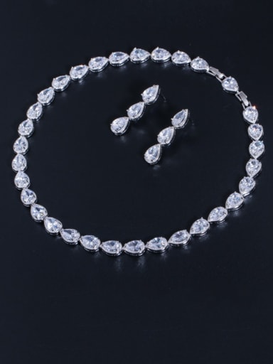 white Brass Cubic Zirconia Luxury Water Drop  Earring and Necklace Set