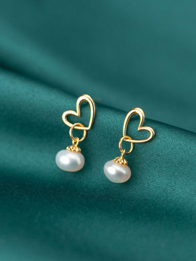 925 Sterling Silver Imitation Pearl Hollow Heart Minimalist Stud Earring