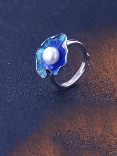 925 Sterling Silver Enamel Imitation Pearl Flower Minimalist Band Ring
