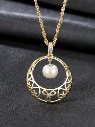 White 6K12 925 Sterling Silver Freshwater Pearl Hollow Round Pendant Necklace