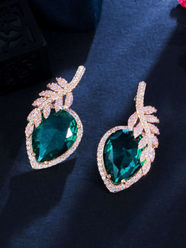 green Brass Cubic Zirconia Leaf Luxury Stud Earring