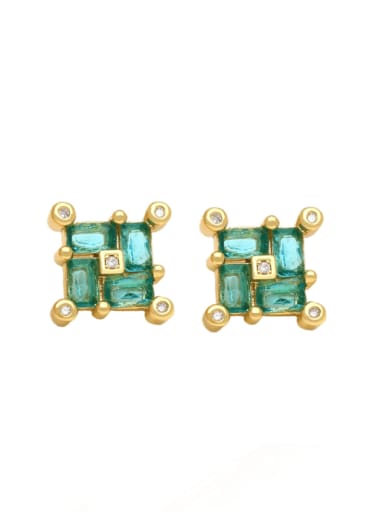green Brass Cubic Zirconia Square Minimalist Stud Earring